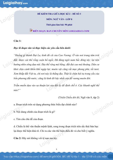 Đề thi giữa kì 2 Văn 8 - Đề số 3